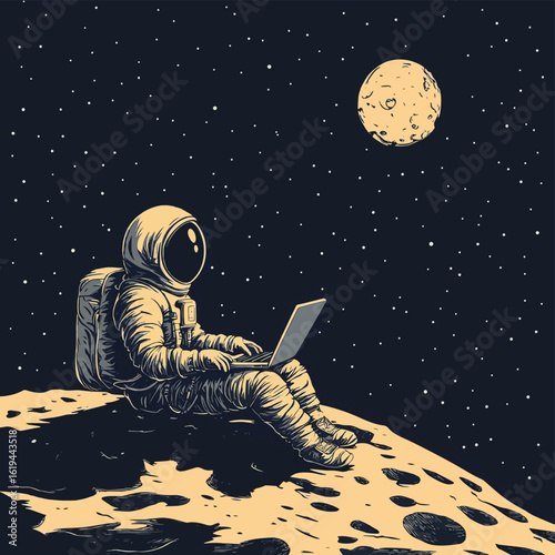 Vector of a lone astronaut on the moon using a laptop, set against a starry expanse. Ideal for themes of isolation, technology, and space