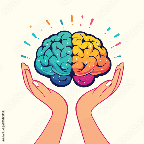 Colorful brain cradled by two hands, symbolizing mental growth and care. Perfect for educational and wellness projects