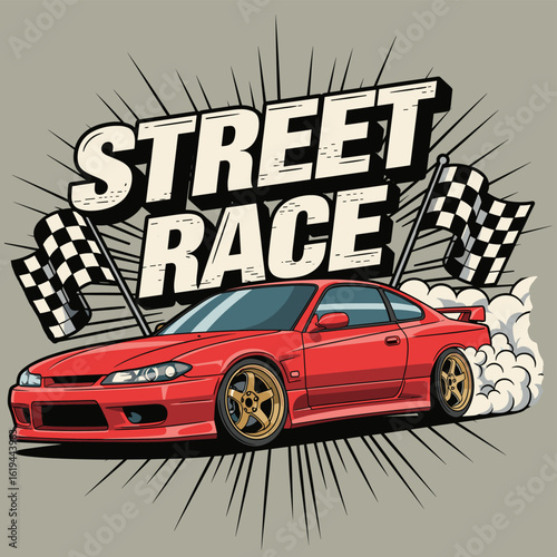 Street drag racing. Street Racing club. California street race design.  Fast wheels challenge. Racing club vector t-shirt print design. Legend race. Sport car jdm style art.