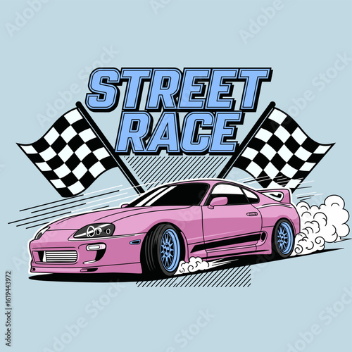 Drag racing lifestyle. Racing club vector t-shirt print design. Sport car print design for t shirt print, poster, sticker, background and other uses. Street Racing club. California street race design.