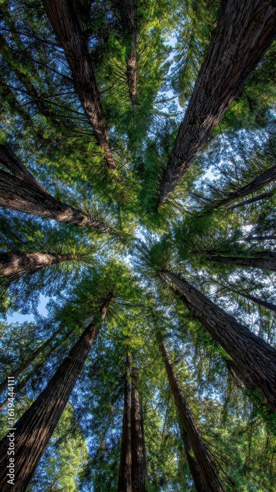 Fototapeta premium Looking up at redwood trees in forest. Sunlight filters, suggesting inspiration