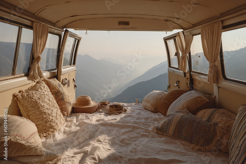 Cozy camper van interior with mountain view at sunrise