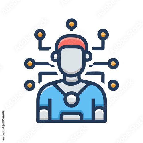 AI-powered avatar with neural network connections on a black background