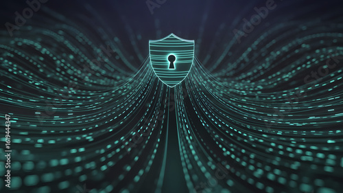 Digital shield with glowing keyhole protecting flowing lines of data and binary code in a futuristic network