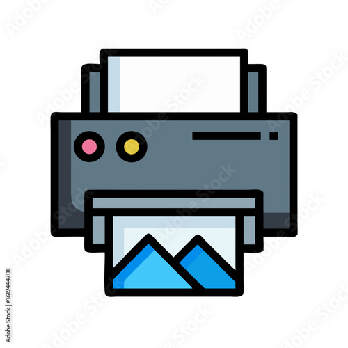 Office printer outputs image in flat vector design style