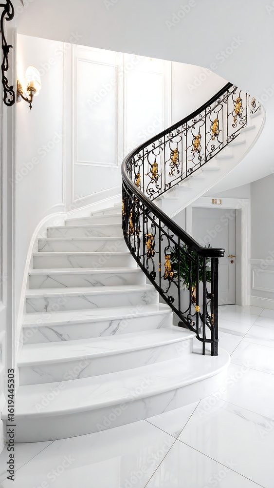 Obraz premium Elegant, sweeping staircase with white marble and ornate black metal railing