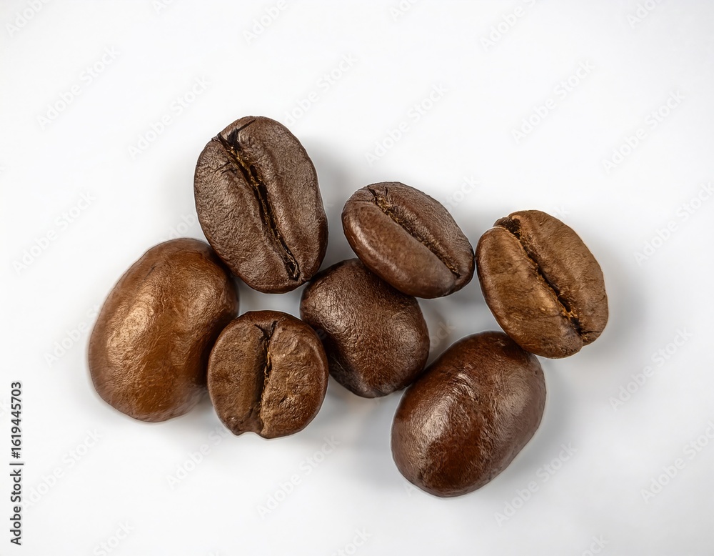 Naklejka premium Aromatic Roasted Coffee Beans Close Up Studio Shot High quality image of several coffee beans on a white background