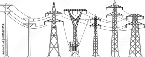 High voltage power transmission towers, utility poles, electrical transformers, energy distribution grid, industrial electricity infrastructure vector engineering illustration