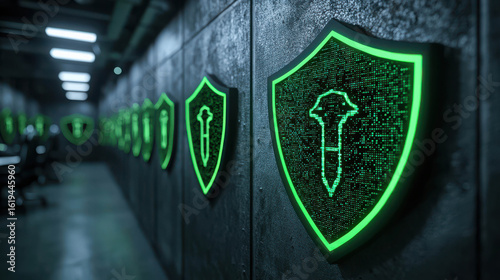 Neon Green Security Shields Illuminating a Dark Corridor, Symbolizing Protection and Safety in Digital Environments and Cybersecurity Landscapes