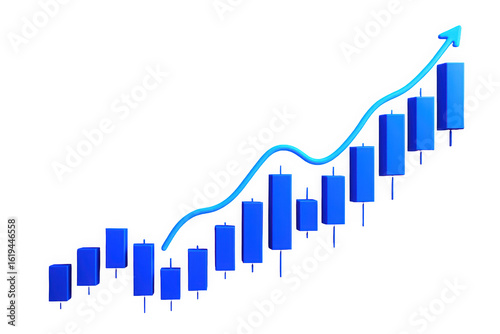 Abstract financial growth chart featuring blue candlestick patterns with an upward trend line.