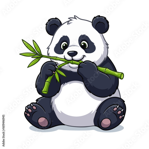 A cute cartoon baby panda bear sitting and happily eating a green bamboo stalk. Adorable wild animal vector illustration isolated on a white background.