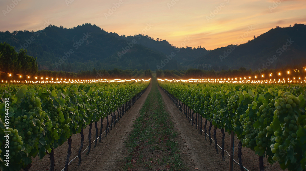 Naklejka premium Serene Vineyard Landscape at Dusk with Twinkling Lights and Majestic Mountains Underneath a Colorful Sky During Sunset in Napa Valley, California, USA