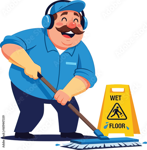 A cheerful cartoon janitor with a mustache happily mopping a wet floor with a safety sign.