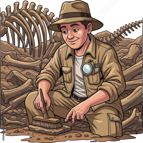 A smiling paleontologist carefully excavates a large dinosaur skeleton from the earth, surrounded by ancient fossilized bones.