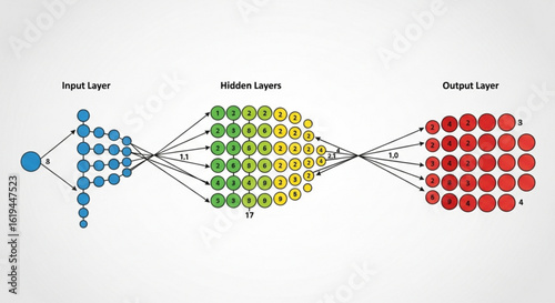 Neural network diagram showing input layer hidden layers and output layer for machine learning and ai models