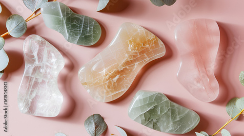 Aesthetic arrangement of gua sha tools with eucalyptus leaves on a pink surface for skincare routine .