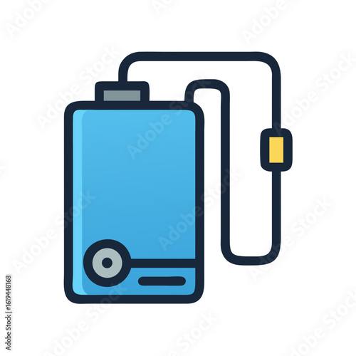 Blue portable defibrillator on dark background in simple graphic style