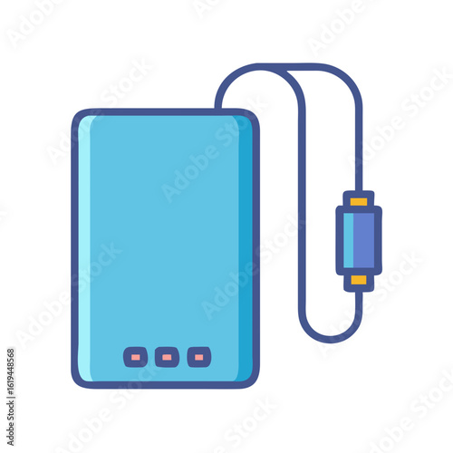 Blue power bank with cable illustration against black background