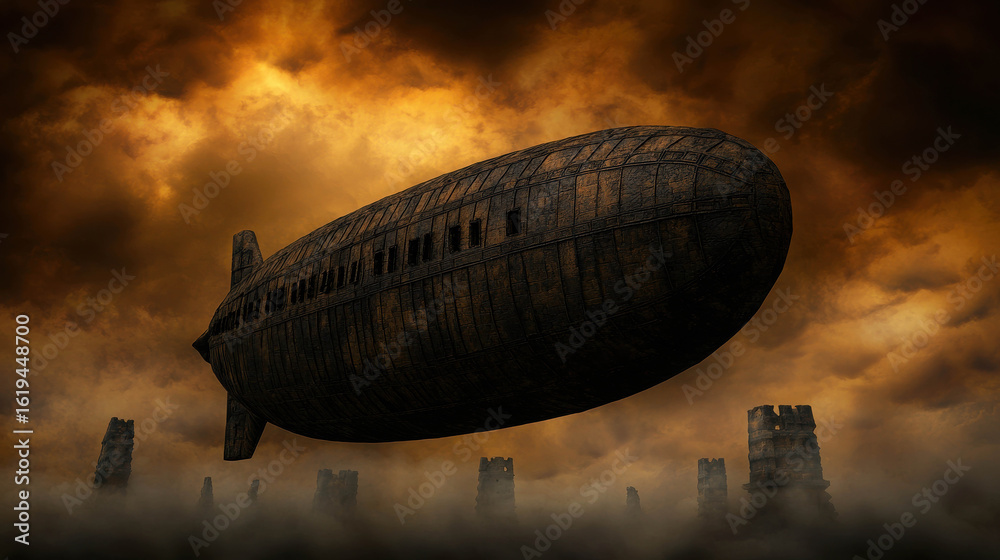 Naklejka premium A Majestic Airship Gliding Through Stormy Skies Under Dark Clouds with Ruins in the Background Evoking a Sense of Adventure and Mystery