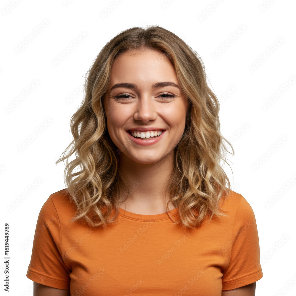 A cheerful young woman with wavy blonde hair wearing an orange t shirt smiling brightly isolated on transparent background A cheerful young woman with wavy blonde hair wearing an orange t shirt smiling brightly isolated on transparent background