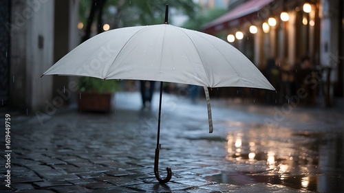 Wallpaper Mural White umbrella on a wet cobblestone street at night with bokeh lights Torontodigital.ca