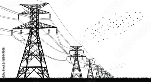 High voltage transmission towers, electric power lines in field, bird flock in sky, black and white vector, energy infrastructure illustration