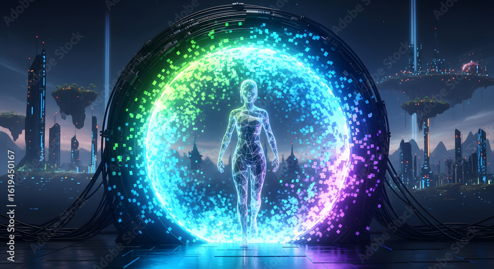 Obraz premium Digital Human Form in Vibrant Energy Portal in Futuristic Cityscape