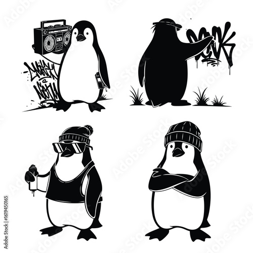Graffiti penguins with boombox and spray cans spray paint