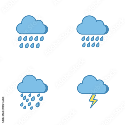 Weather Icons Set Rain Cloud Lightning Flat Design