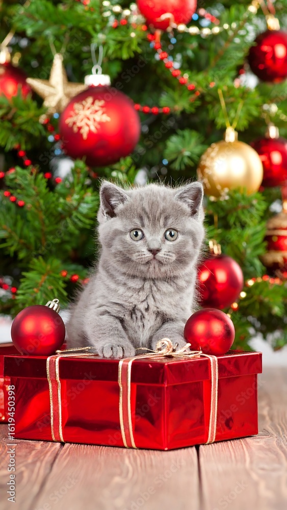 Obraz premium Cute kitten by Christmas tree