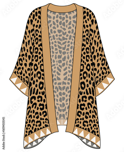 Leopard print kimono, tribal trim, women’s outerwear, stylish layering, casual fashion, beach cover up, boho chic, loose fit, CAD sketch, vector flat illustration