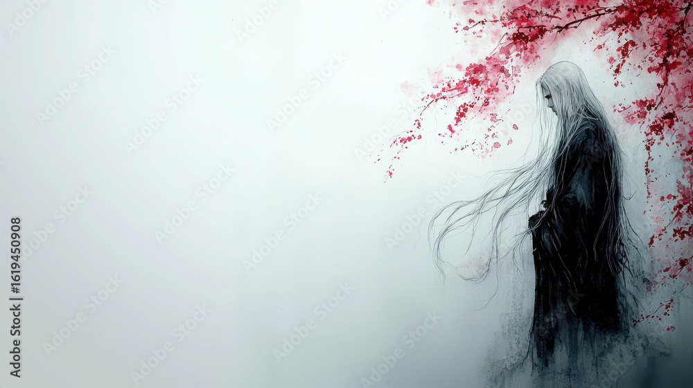 Fototapeta premium Elegant silhouette of a wistful figure surrounded by cherry blossoms, capturing the essence of solitude and beauty in a serene landscape