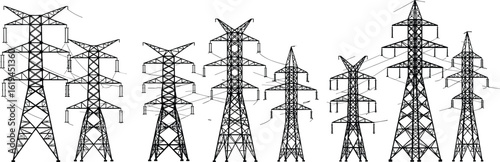 High voltage transmission towers, electrical power pylons silhouette set, black isolated vector on white background, energy grid infrastructure concept