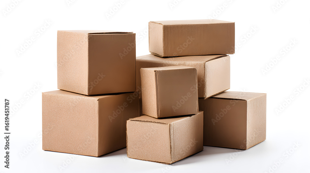 Obraz premium Stack of Brown Cardboard Shipping Boxes on White Background