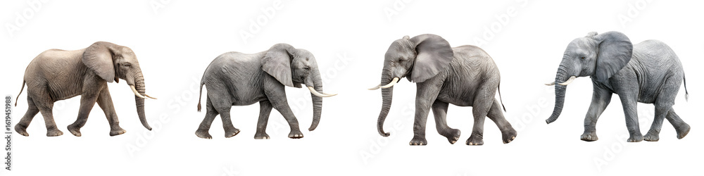 Fototapeta premium African Elephant Walking Silhouettes on White Background