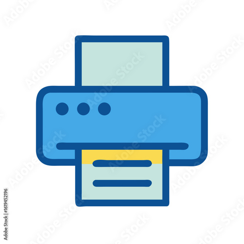 Isolated blue printer icon with paper on black backdrop