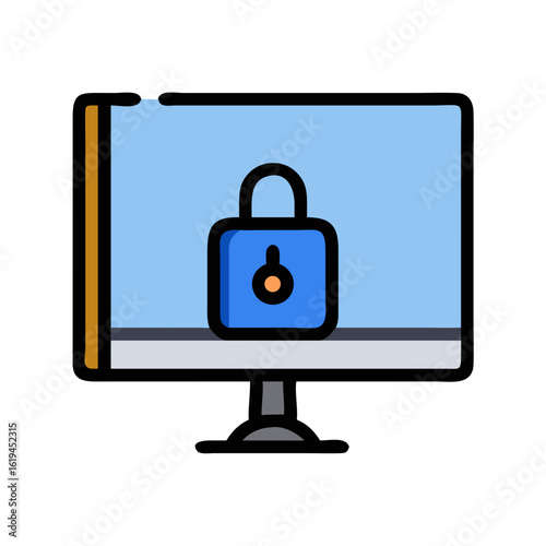 Computer monitor displaying blue padlock symbol for online security