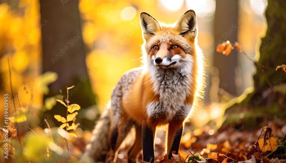 Naklejka premium Fox in autumn forest. Sunlight