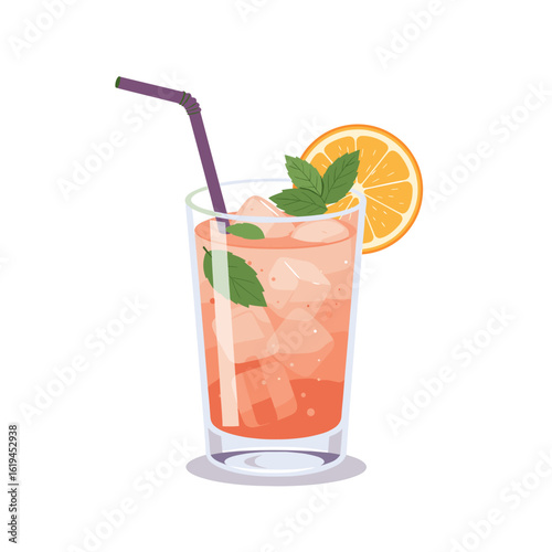Refreshing drink with ice, orange slice, and mint on white background  