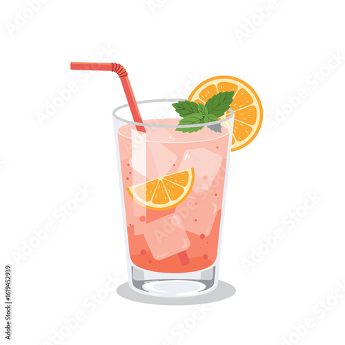 Refreshing pink cocktail with ice, orange slice, and mint garnish  