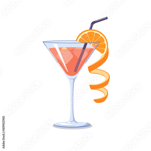 Cocktail glass with orange slice and spiral garnish on white background  