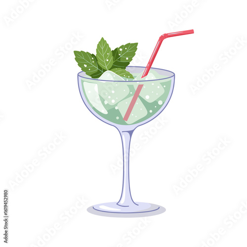 Refreshing cocktail with mint leaves and straw in clear glass  