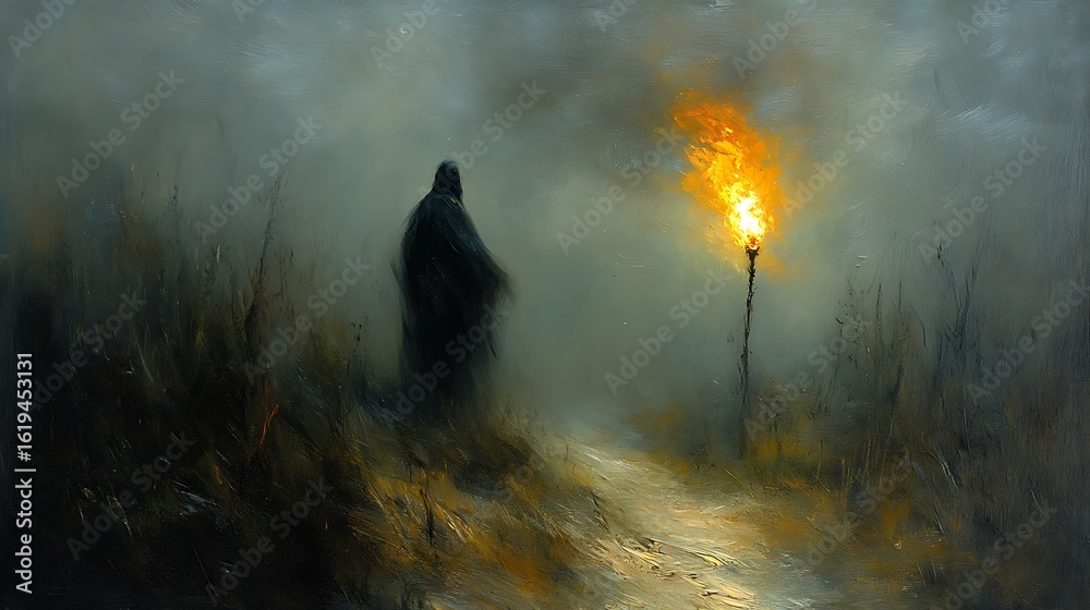 Fototapeta premium Gloom-laden figure by a torch in a misty landscape.