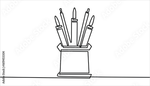 Continuous one line drawing of pencils and brushes in a glass. Brush and pencils in single line draw illustration. Editable stroke, Stationery container with pencil, pens, rulers outline drawing.




