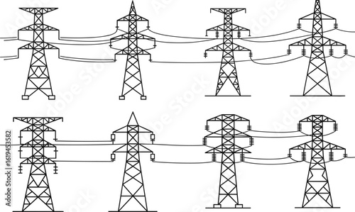 Set of high voltage electricity pylons and transmission towers, power line infrastructure, electric grid network, utility poles vector illustration