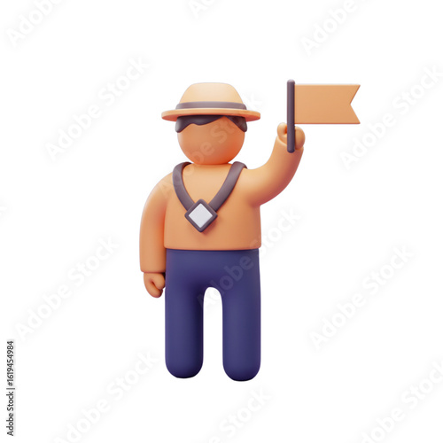 Cartoon ranger holding a flag and wearing sunglasses outdoors  