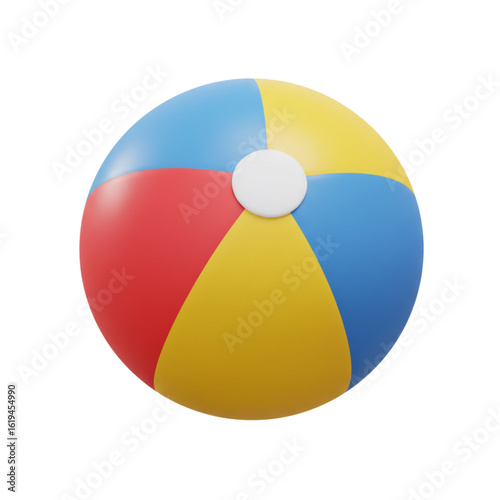 Colorful beach ball in red, yellow, and blue on white background  