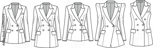 Women’s blazer coat flat sketch, double breasted jacket front view, CAD vector illustration for fashion design, technical template drawing
