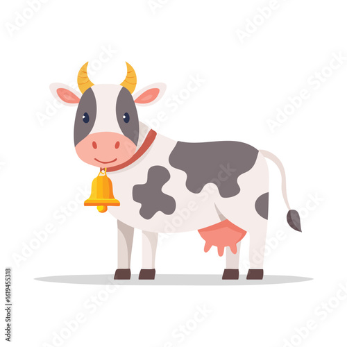 Dairy Cow Cartoon Standing with a Bell on its Neck - AI Generated