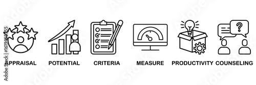 Performance review icon set vector illustration concept with icon of employee job performance evaluation with an icon of appraisal, potential, criteria, measure, productivity, and counseling